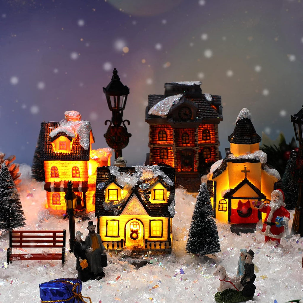 Queekay Christmas Village Set - 17 Pcs Lighted Resin Houses & Figurines | Winter Decorations for Indoor Use
