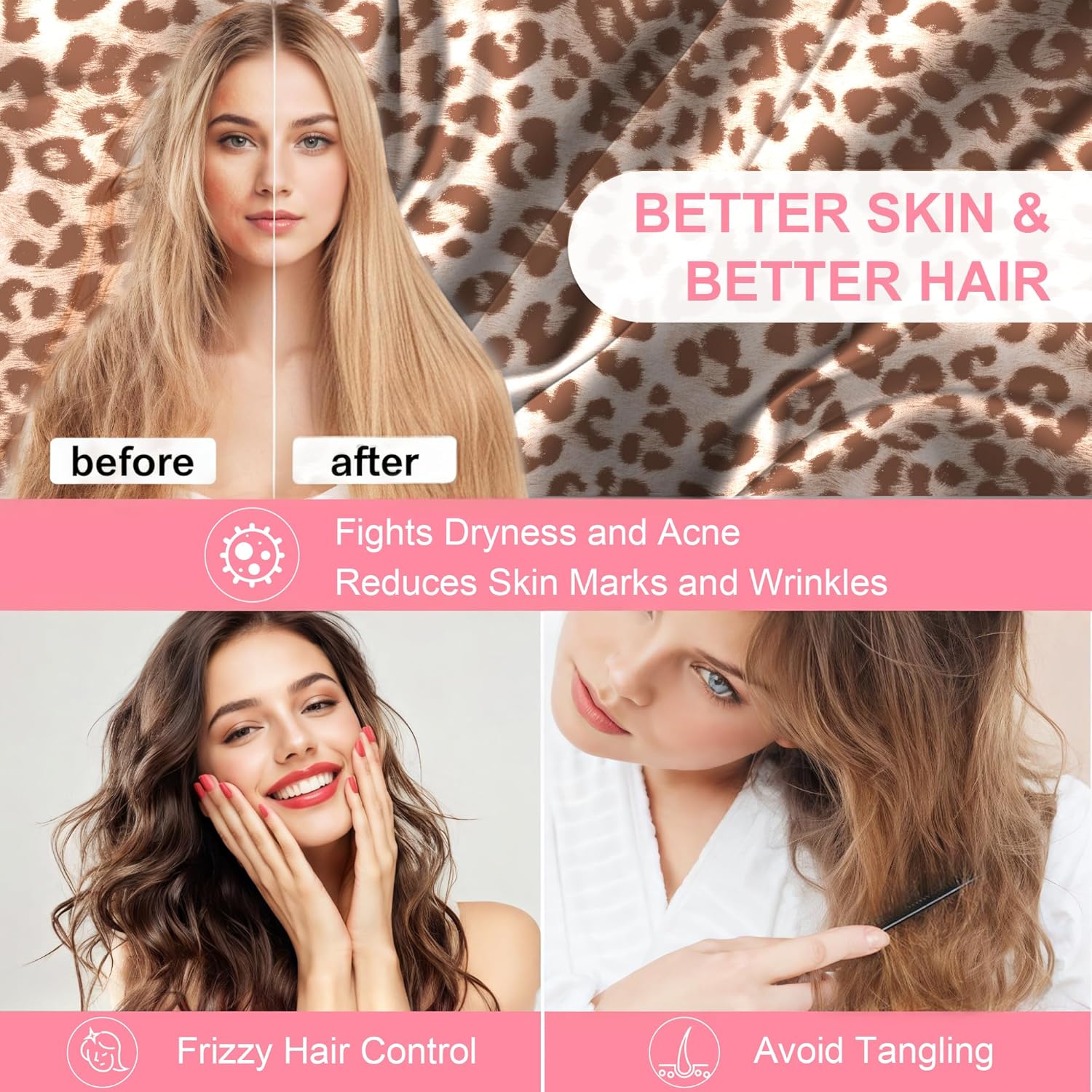 Skiennix Mulberry Silk Pillowcases - King Size 2-Pack with Hidden Zipper | Soft, Breathable Cooling for Hair & Skin - Leopard Beige