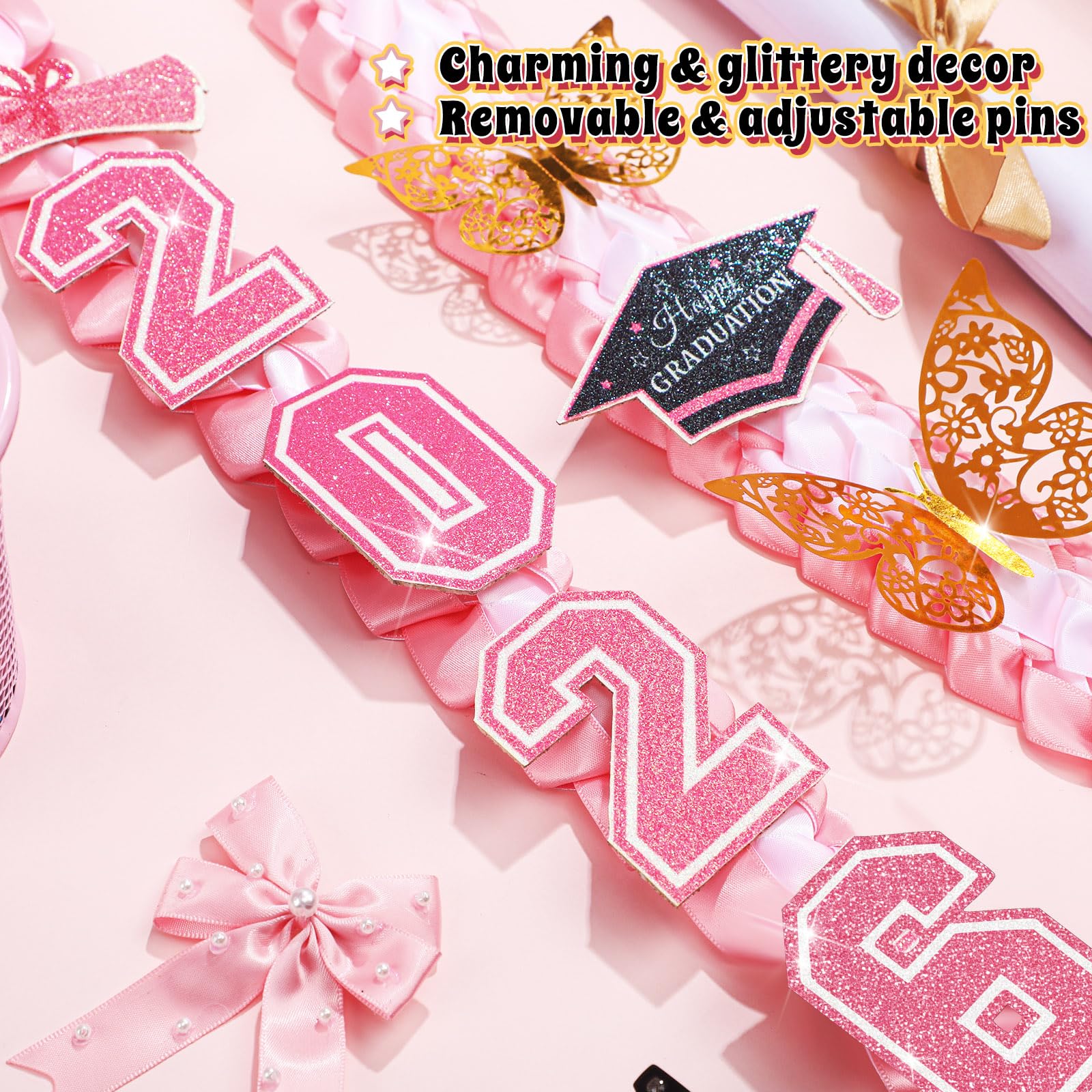 Suncalla 2pcs Pink Graduation Leis Class of 2026 Coquette Money Butterfly Ribbon Leis for Graduation Necklace with Pins Braided Ribbon Necklace for Grad Gift High School University Ceremony DIY Decor