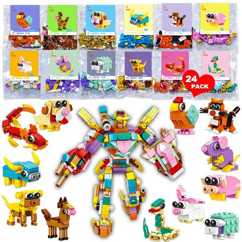 JUNQIU 24 Pack Valentines Day Cards For Kids School, Animal Building Blocks Valentine For Class, Valentines Day Gifts For Kids Classroom Bulk, Class Gifts Exchange For Boys Girls
