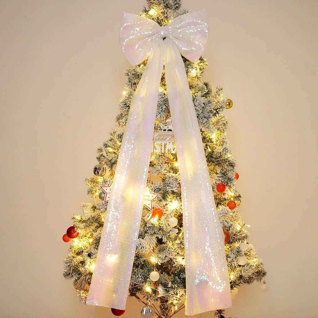 PartyDelight Large Bow Decorations - Big White Iridescent Sequin Ribbon Tie | 16x47 Inches for Christmas & Birthday Decor