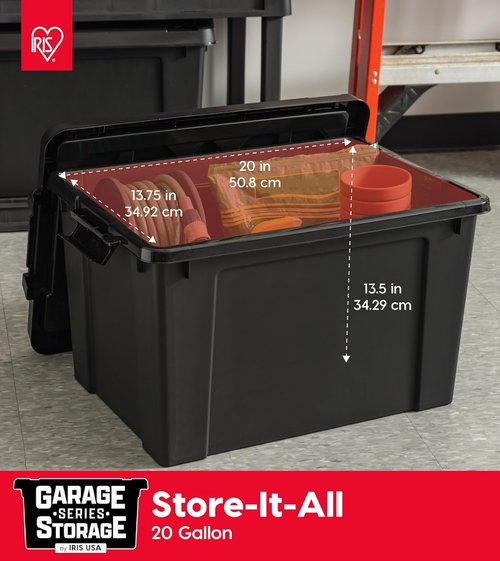 IRIS USA 20 Gallon Lockable Storage Bins - Heavy Duty, Stackable Containers for Garage Organization | 6 Pack - Black