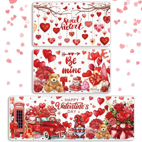 Drydiet 3 Pcs Valentine's Day Kitchen Rugs and Mats Set Love Heart Red Non Slip Rug Gnome Roses Waterproof Floor Mat for Romantic Valentines Kitchen Entrance Bar Office Home Bathroom Door Party Decor