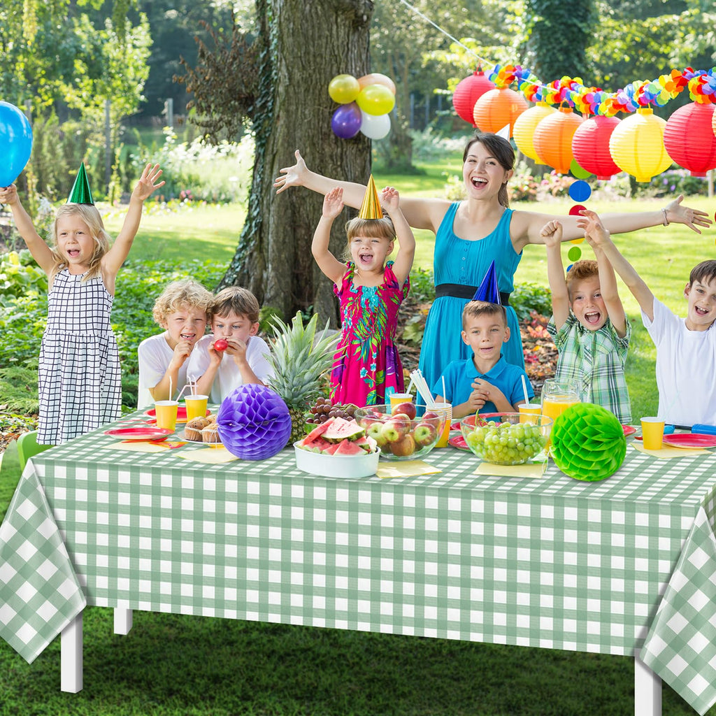 3Pcs Sage Green Gingham Birthday Party Tablecloth Decorations,Green White Checkered Plastic Table Cover Disposable Rectangle Plaid Table Cloth for Baby Shower Kids Wedding Party Supplies,54x108 Inch