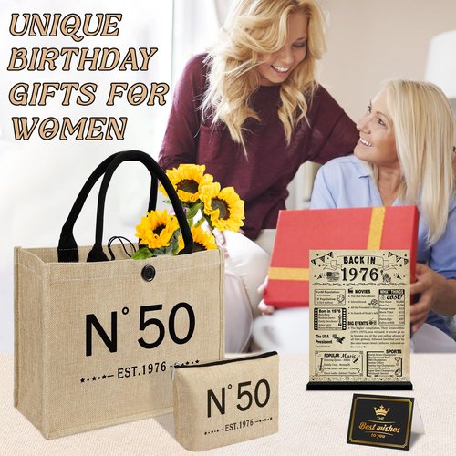 YeohJoy 50th Birthday Gifts for Women Jute Tote Bag, Vintage N°50 Burlap Handbag with Cosmetic Bag and Back in 1976 Poster, Unique 50 Years Old Gifts for Mom Friends Wife Sister Her