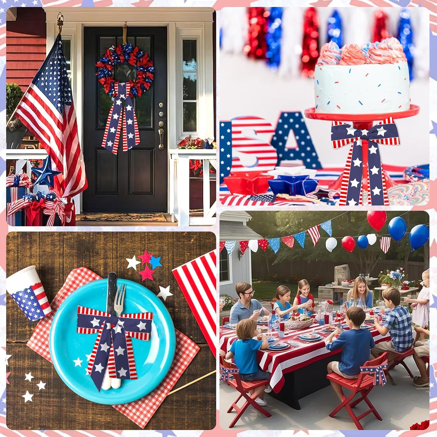 Patriotic 4th of July Wreath Sash by [Brand Name] - 4.5" x 56" Red & Blue Satin Ribbon with Stars & Stripes
