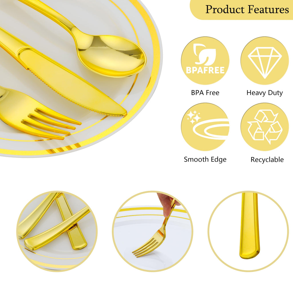 ISFANGCO 700 PCS Gold Plastic Dinnerware for 100 Guests, Gold and White Disposable Plates include 100 Dinner Plates,100 Dessert Plates,100 Silverware Set,100 Cups,100 Napkins