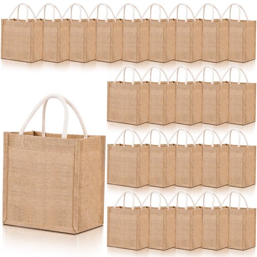 Cunno 24 Pcs Burlap Tote Bag Mini Jute Reusable Waterproof Bag with Handles Small Blank Canvas for Wedding Beach DIY Gift (Classic,8.27 x 9.06 x 5.91)