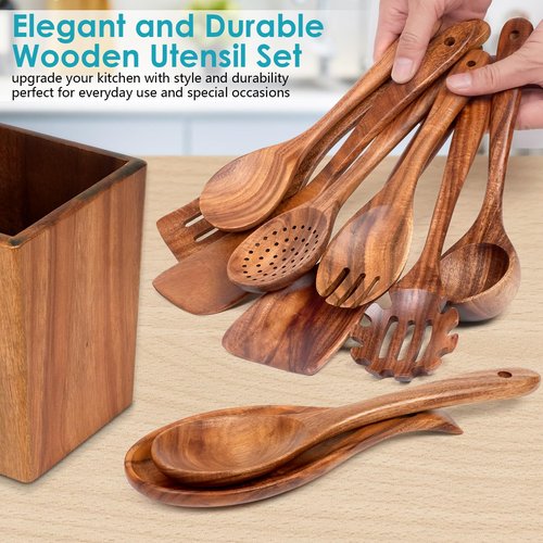 HOWHONG Wooden Spoons for Cooking, Premium Acacia Wood Kitchen Utensil Set, Handmade Wooden Utensils for Nonstick Cookware, Heat Resistant, Smooth Finish, Comfortable Grip, with Holder, Gift Ready