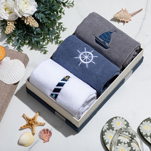 HunnmingRe 3 Pcs Nautical Hand Towels 13.3 x 28.4'' Nautical Bathroom Decor Summer Dark Blue White Cotton Dish Towels Coastal Boat Owners Gift for Home Bath Kitchen Beach Accessories