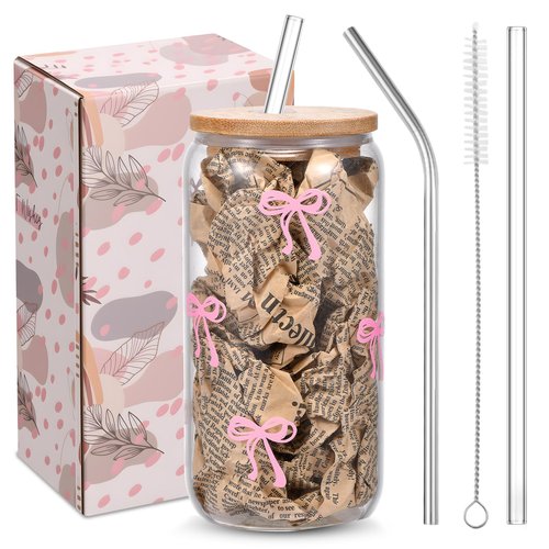 GLECTG Cute Pink Bow Glass Cups with Lids & Straws, Aesthetic Iced Coffee Cup, Girly Preppy Design Tumbler Mug, Birthday Valentine Gifts for Women, Teen Girl Gifts Trendy Stuff