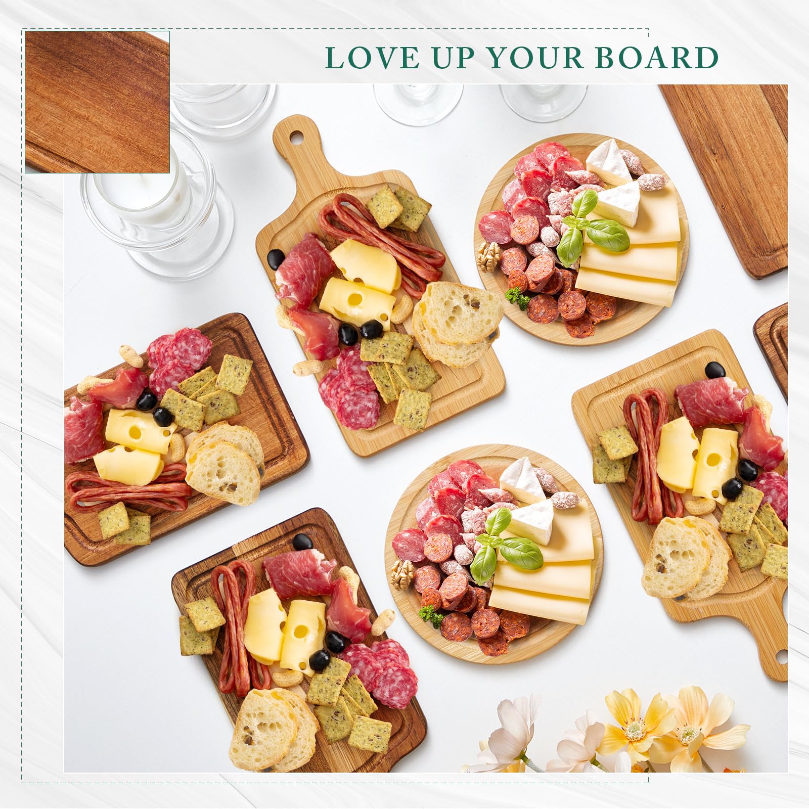 Maxcheck 12 Sets Baby Shower Bridal Game Prizes for Winners Round Cheese Board Set Wood Mini Charcuterie Board with Knives and Forks Thank You Card with Gift Box for Guests Wedding (Acacia)