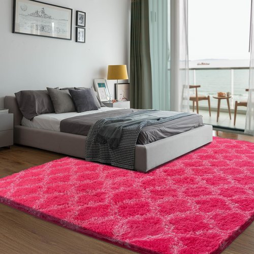Puremy Shag Area Rug 5x7 Feet Extra Soft Rugs for Living Room, High Pile Indoor Carpet for Bedroom, Kids Room, Nursery, Home Decor, Geometric, Hot Pink/White