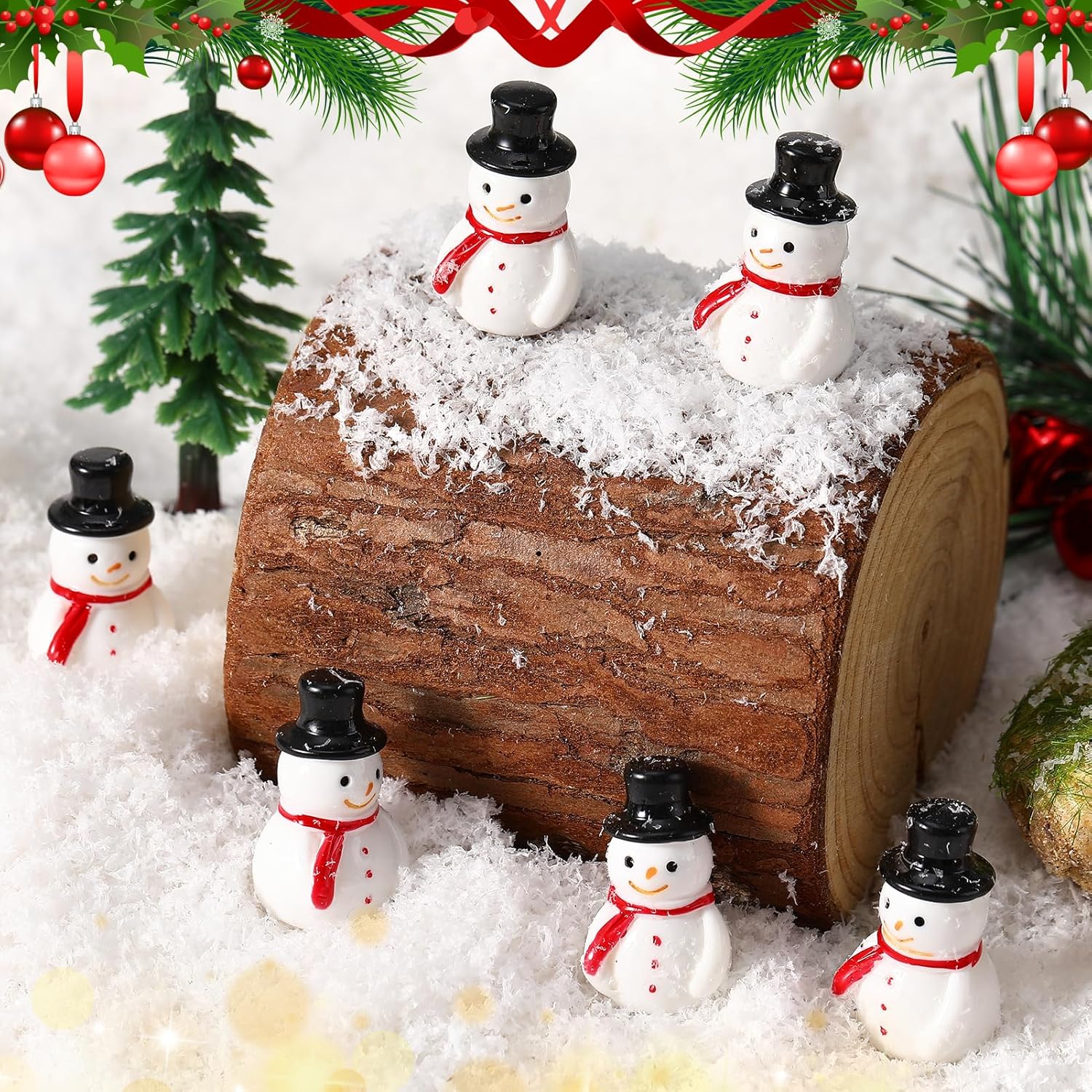 Skiennix Mini Resin Snowman Figurines - 50 Pcs Winter Decor with Black Hats for DIY Crafts & Ornaments
