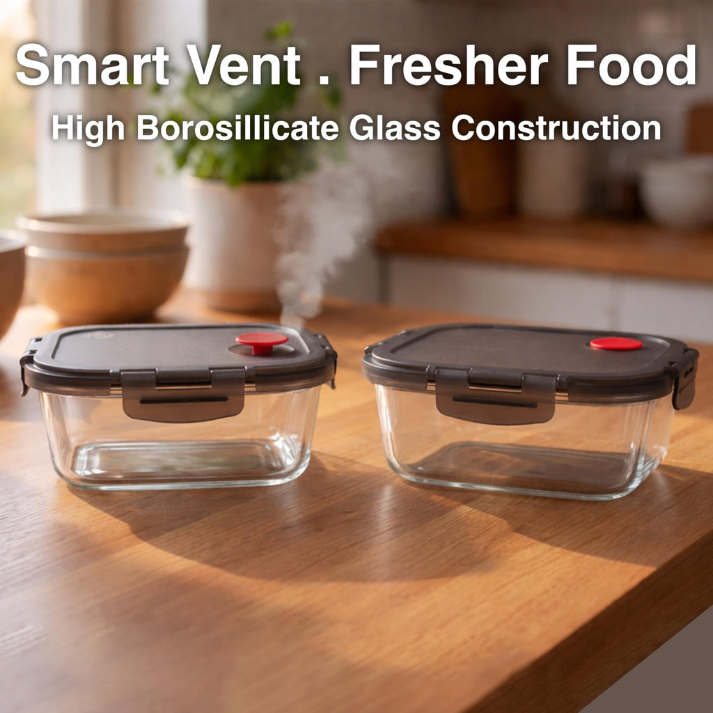 Clutterix Borosilicate Glass Airtight Food Storage Containers with Vented Lids, Assorted Set of 6 (3 Rectangular & 3 Square)