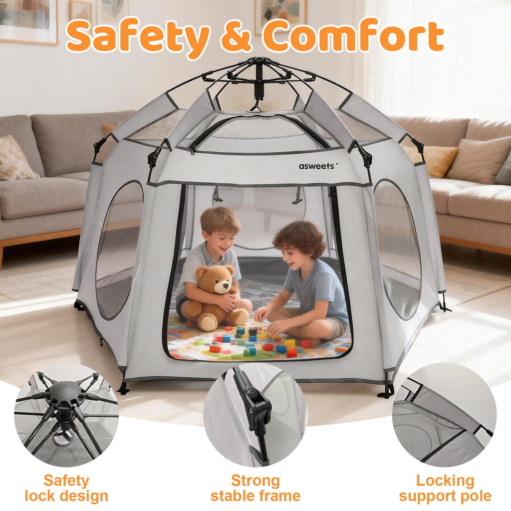 Asweets 4 in 1 Pop Up Playpen Indoor and Outdoor Portable, Lightweight Baby Playpen with Travel Bag,Baby Beach Tent and Play Toddler Play Yard Canopy(Light Grey)