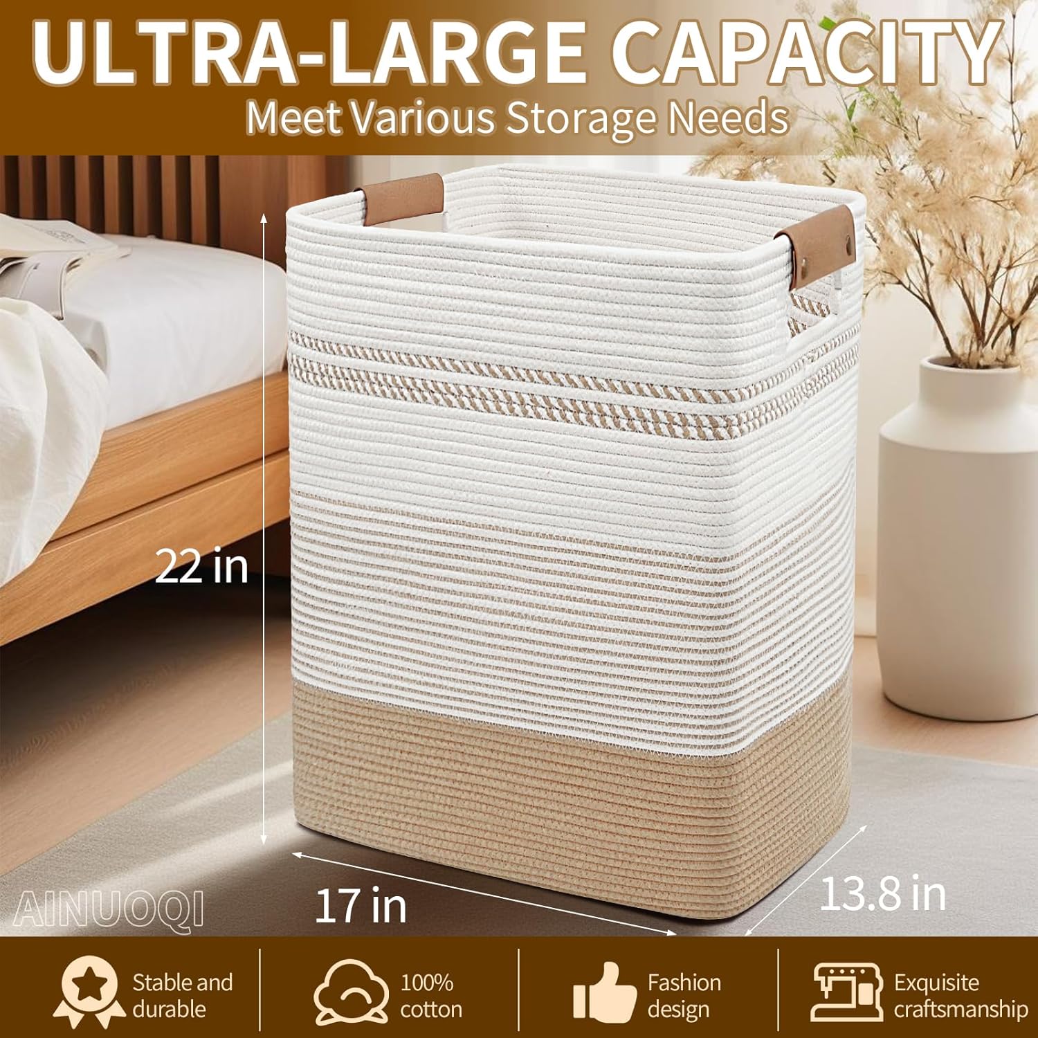 Skiennix Large Laundry Hamper - 85L Cotton Rope Woven Storage Bin with Leather Handles | Versatile for Blankets, Toys, and More