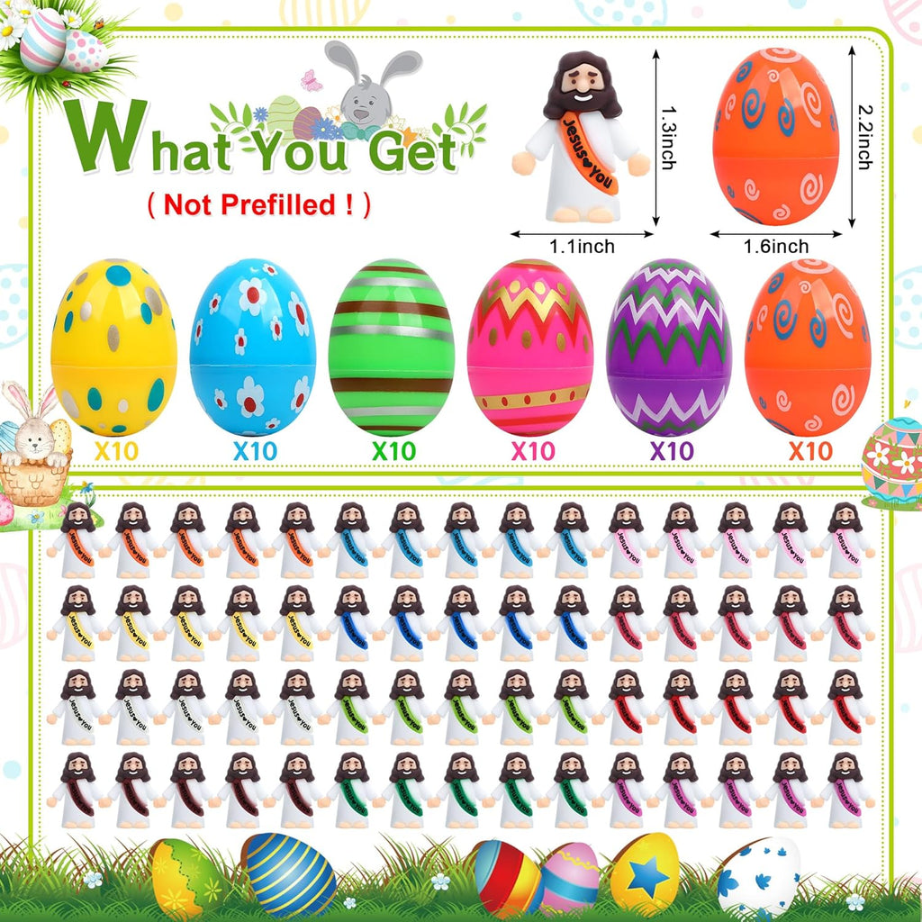 Skiennix Easter Basket Stuffers - 60 PCS Colorful Eggs & Religious Jesus Figurines for Kids