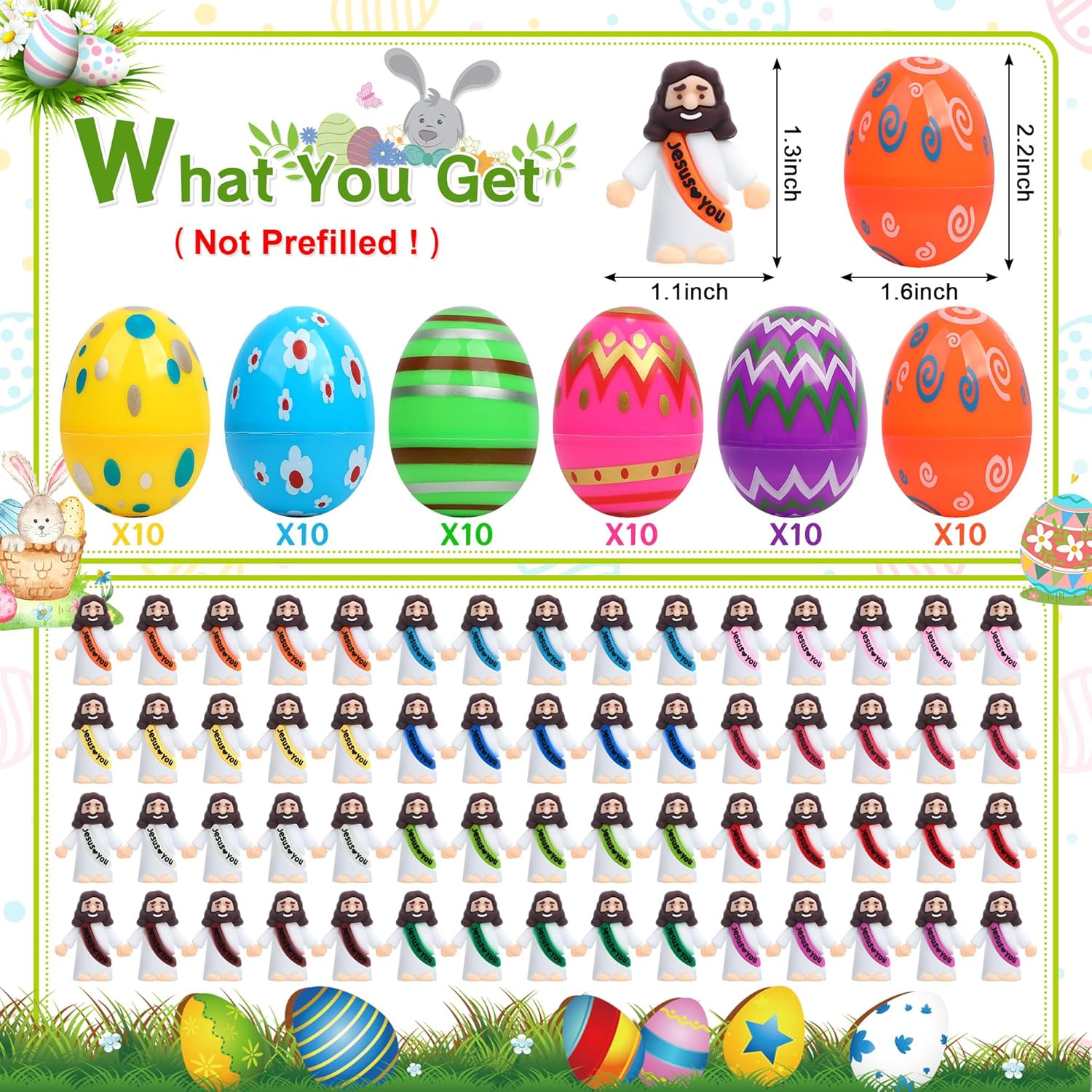 Skiennix Easter Basket Stuffers - 60 PCS Colorful Eggs & Religious Jesus Figurines for Kids