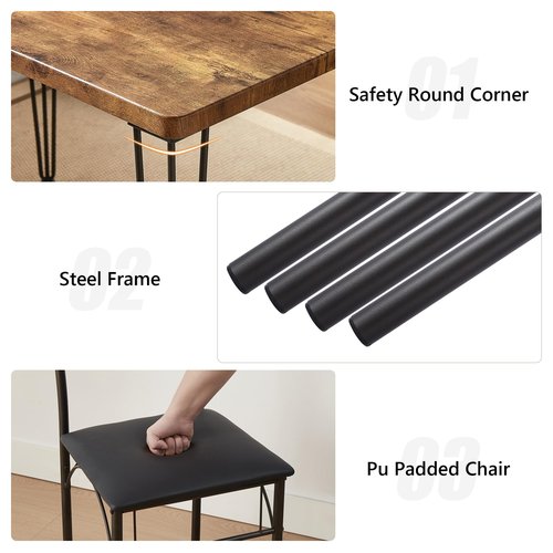 VECELO 3-Piece Dining Table Set for Home Kitchen Small Space Breakfast Nook, 2 Faux Leather Metal Frame Chairs,Brown,Set for 2