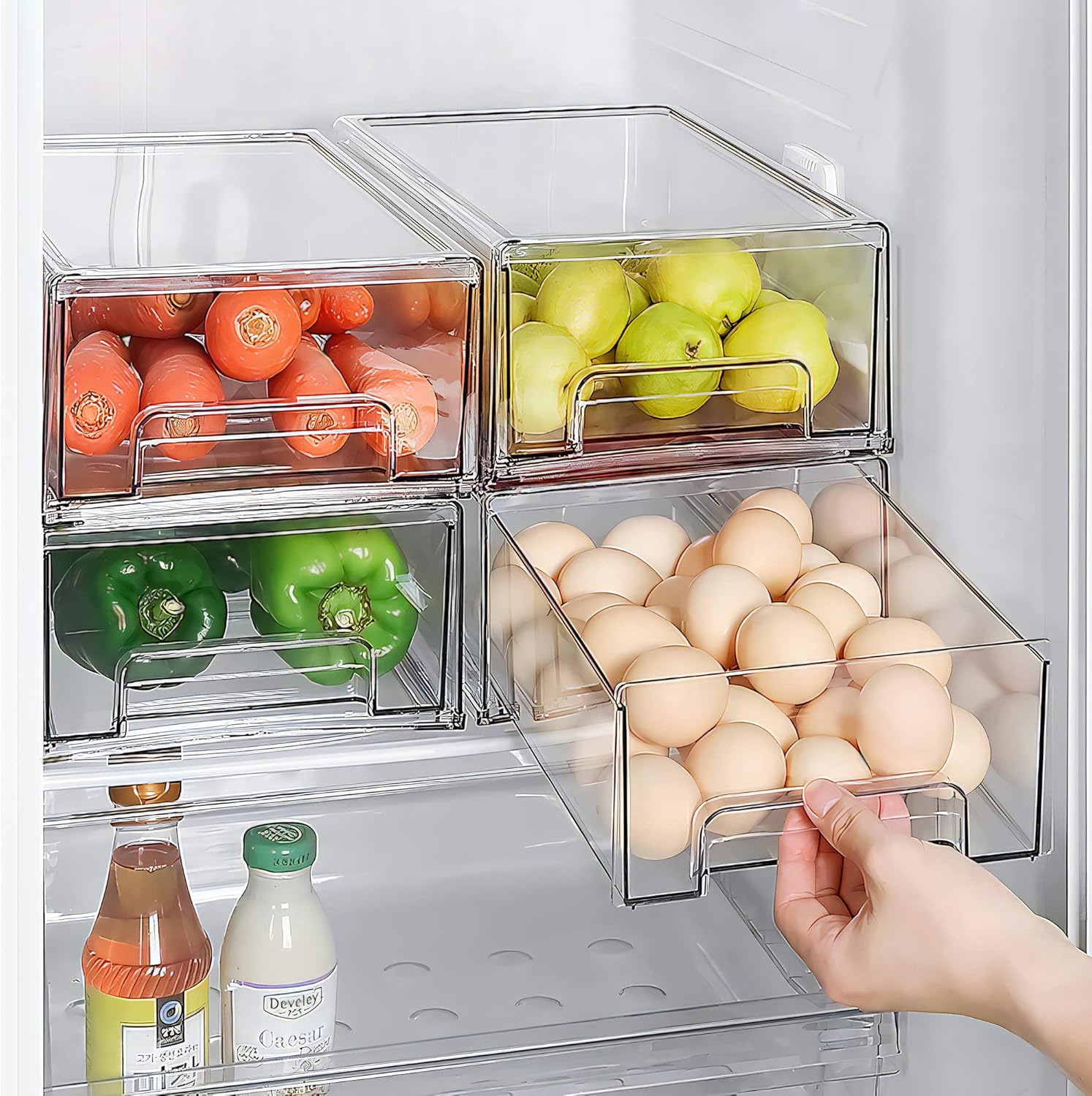 Mano Clear Refrigerator Drawer Organizers - Stackable Plastic Storage Bins for Kitchen & Pantry (2-Pack, Large)