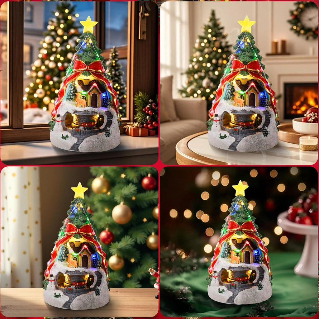 Musical Christmas Village with Spinning Train & Deer | Pre-Lit Artificial Tree - Battery & USB Operated - Festive Tabletop Decor
