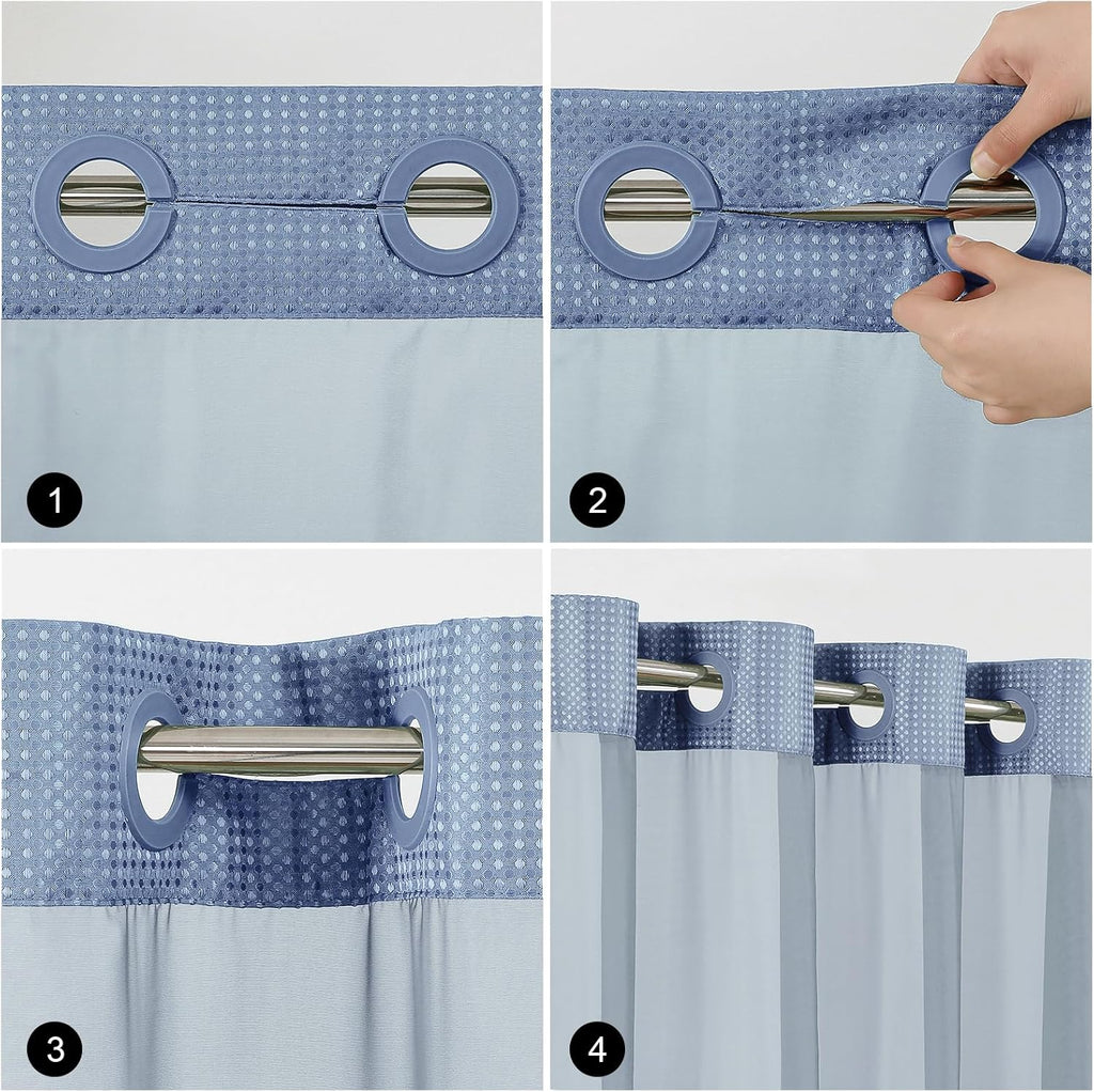 Skiennix No Hook Shower Curtain - Heavy Duty Waffle Weave with Snap-in Liner | Waterproof 72 x 75 Inch, Moonlight Blue