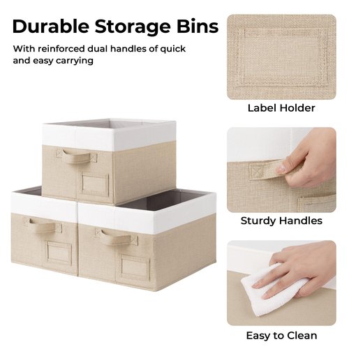 GRANNY SAYS Shelf Storage Baskets, Fabric Storage Bins for Clothes, Closet Storage Boxes with Handles, Collapsible Storage Containers for Bedroom and Living Room, Khaki and Ivory, Large, 3-Pack