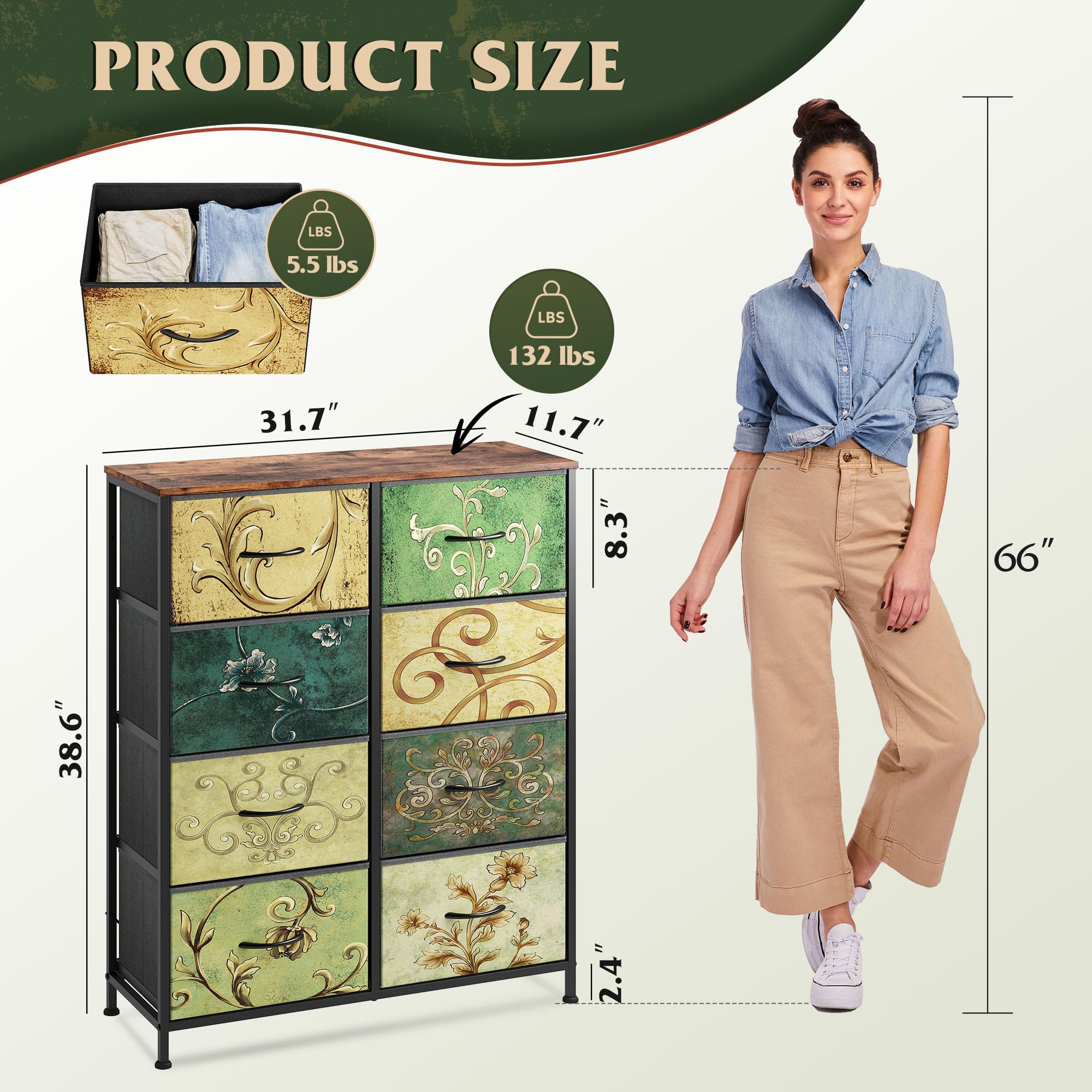 WLIVE Tall Fabric Dresser with 8 Drawers, Storage Tower with Fabric Bins, Double Dresser, Chest of Drawers for Closet, Bedroom, Living Room, Hallway, Dorm, Floral Painted