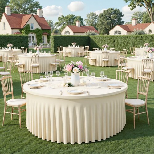 Hietaap 4 Pack Ivory Spandex Round Tablecloths for Wedding Table, Stretchy 60 inch Fitted 5FT Round Table Cloths Cover with Skirt for Banquets Trade Shows Parties Events