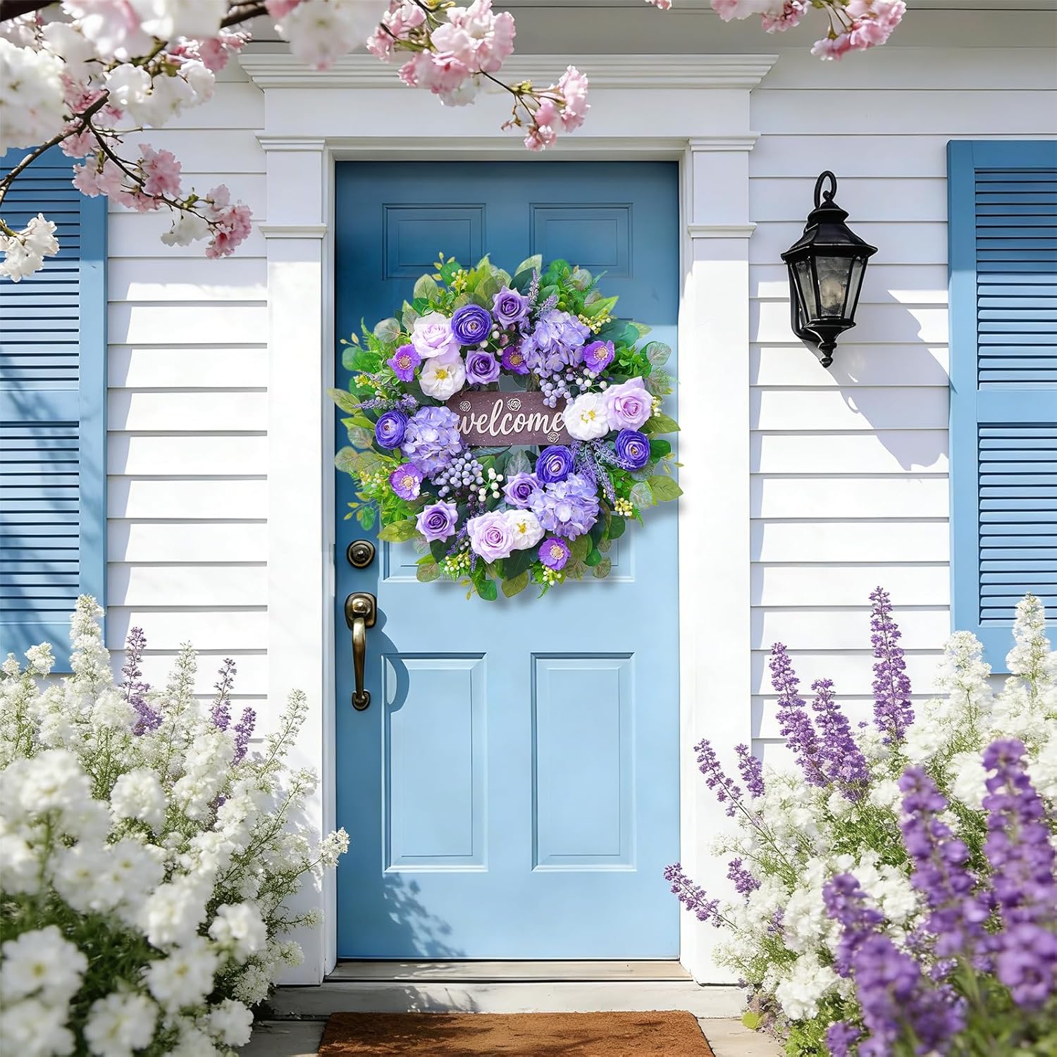 Skiennix 24-Inch Spring Wreath - Luxury Purple Floral Design with Welcome Sign | Roses, Hydrangeas & Eucalyptus for Outdoor Decor