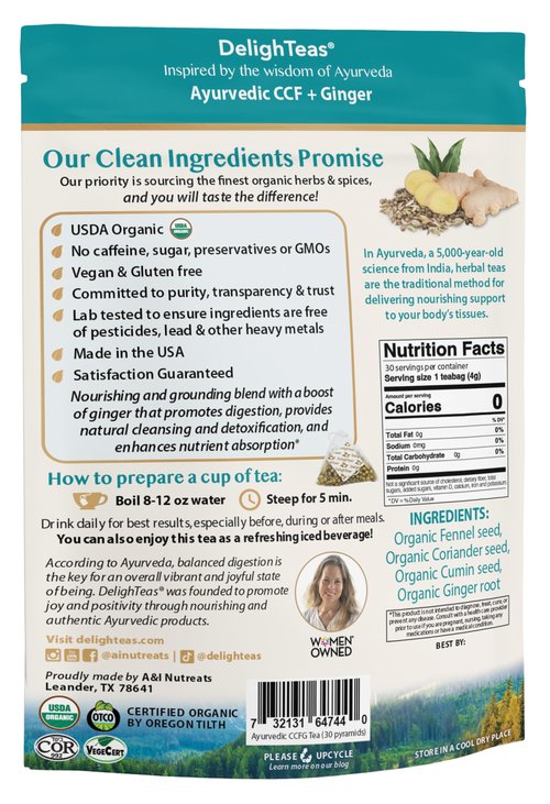 DelighTeas Organic Digest & Detox CCF Tea with Ginger | Eco-Conscious Pyramid Tea Bags | Ayurvedic Cumin Coriander Fennel Ginger Tea | USDA Organic, Vegan, Caffeine Free, Kosher | 30 Tea Bags, 4g each