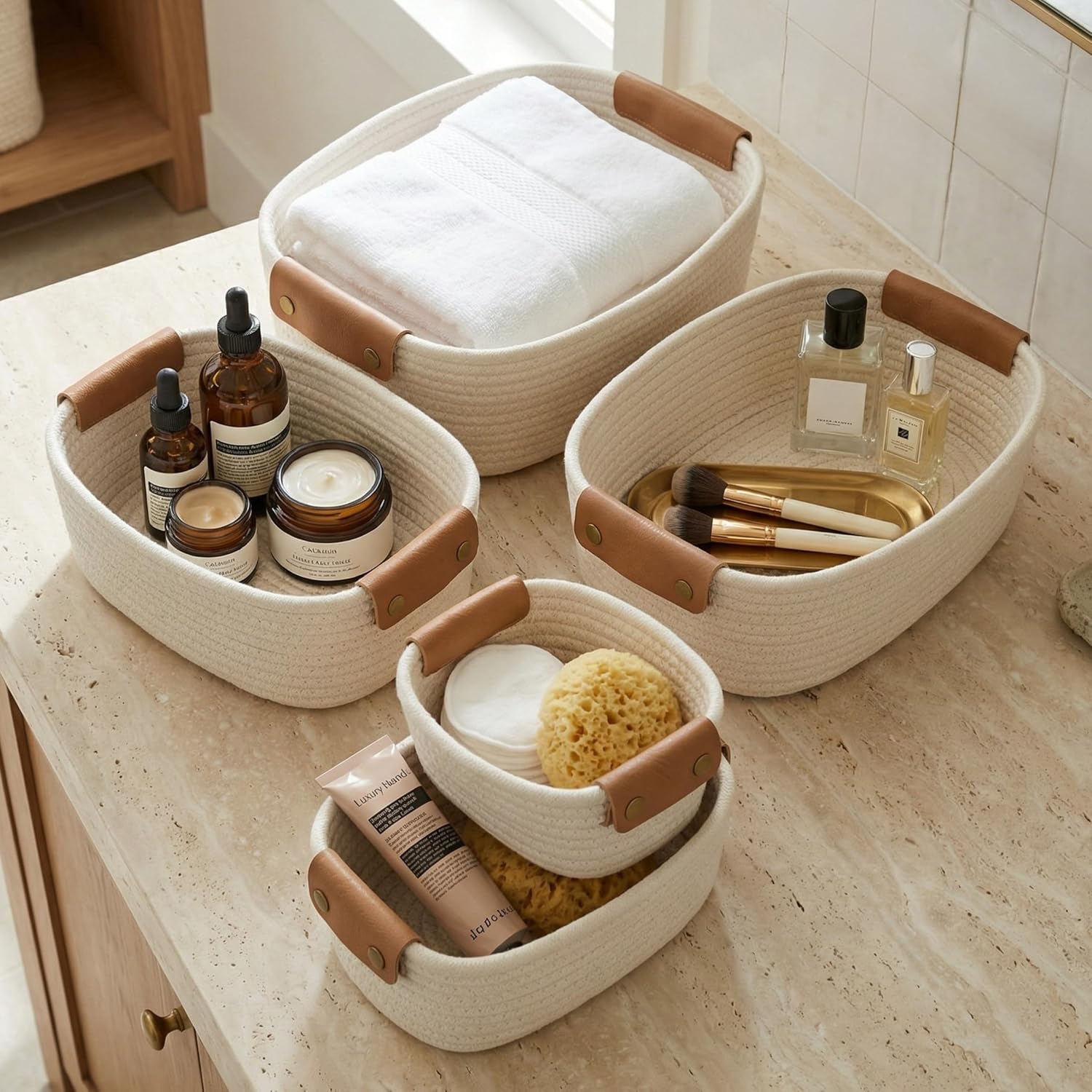Skiennix Beautiful Storage Basket Set of 5 - Sturdy Cotton Rope Baskets for Home Organization | Perfect for Nursery & Bedroom Decor