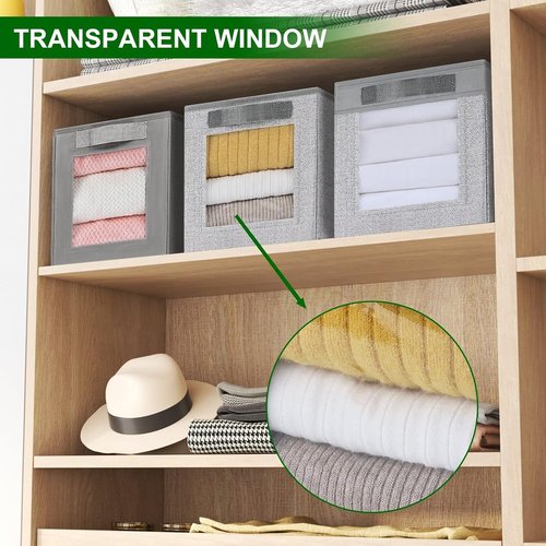 Homsorout Closet Storage Bins - Fabric Organizer Cubes with Window, 11-Inch, 3-Pack, Blended Linen
