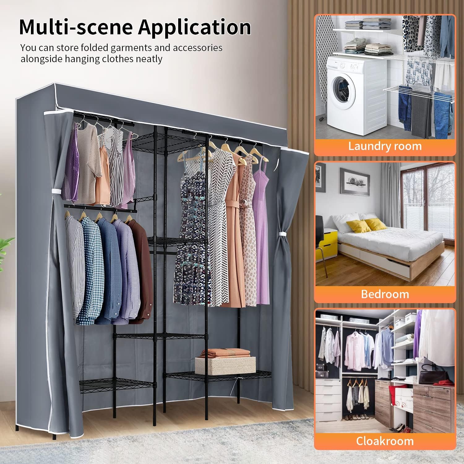 PayLessHere Metal Garment Rack - Adjustable Portable Closet with 4 Hanger Rods & 7 Shelves, Black