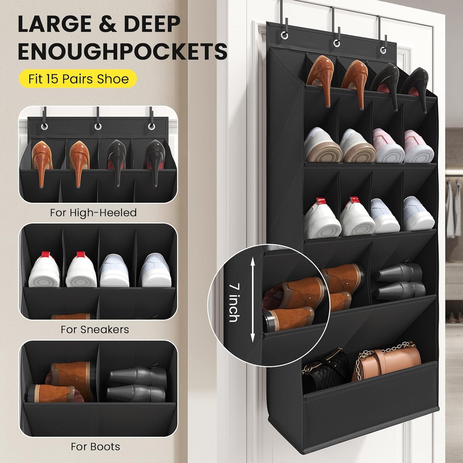 Skiennix Over The Door Shoe Organizer - 18 Pairs Hanging Shoe Rack with Large Breathable Pockets | Black