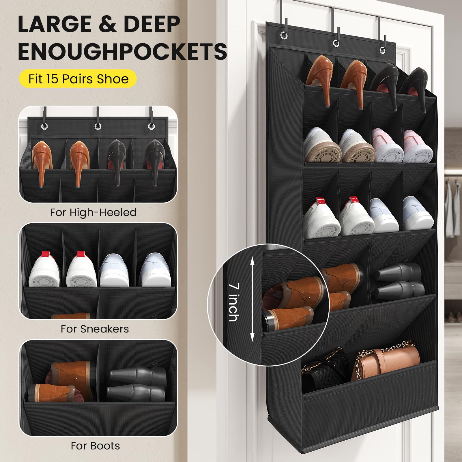 18 Pairs Over the Door Shoe Organizer, Shoe Rack for Closet Door with Large Breathable Pockets, Hanging Shoes Rack for Boots, Behind the Door Organizer Shoe Holder for Categorized Storage, Black