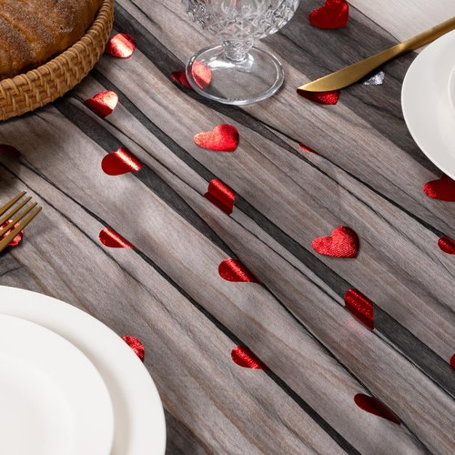 MLMC Heart Valentine's Day Table Runner Black Glitter Gauze Table Runner 120 Inch 10 FT Sheer Metallic Foil Seasonal Centerpiece for Wedding Anniversary Romantic Dinner Table Decor