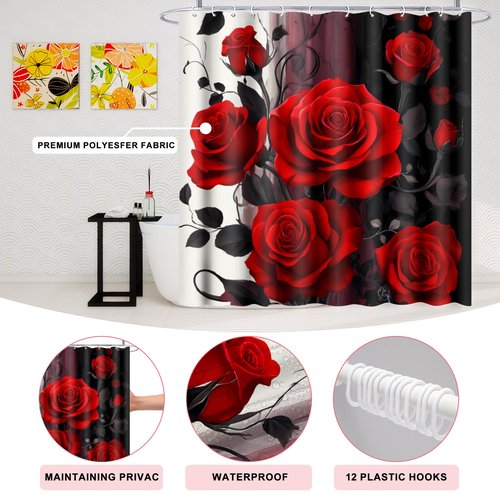 Poedist 4 Pcs Bathroom Shower Curtain Set,Red Black Rose Bathroom Set, Shower Curtain Sets with Rugs(Bath Mat,U Shape and Toilet Lid Cover Mat) and 12 Hooks