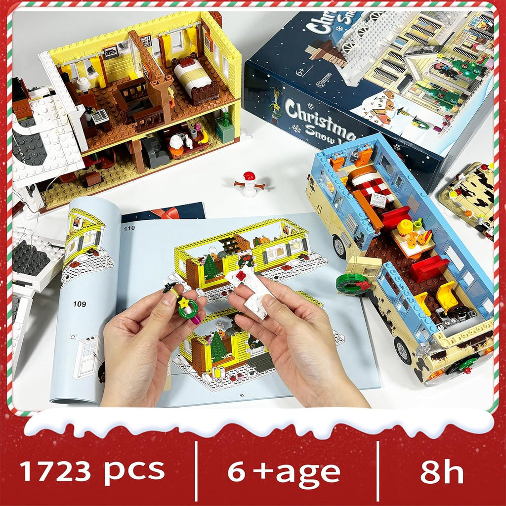 Snow Village Building Set - 2-in-1 Christmas Vacation House & RV with LED Lights | 1726 PCS