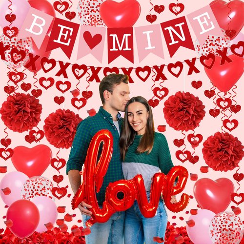 Red Valentines Day Decorations, BE MINE Banner and Heart Hanging, Heart XO Garlands, Red Paper Pompoms, Rose Petals, Love Foil Balloons with Valentines Balloons, for Wedding Anniversary Party Decor