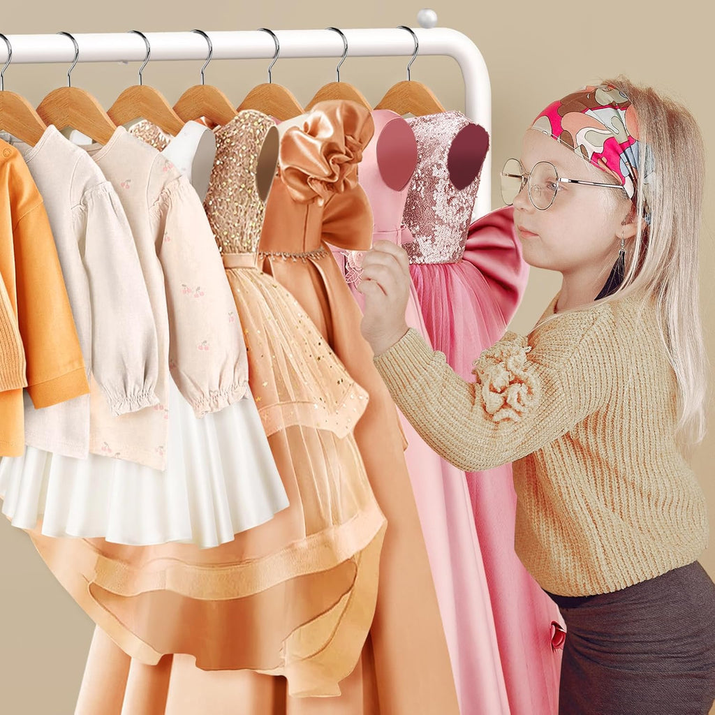 Skiennix Kids Clothing Rack - Mini Freestanding Dress Up Organizer with 2 Fabric Shelves - Toddler Closet Solution