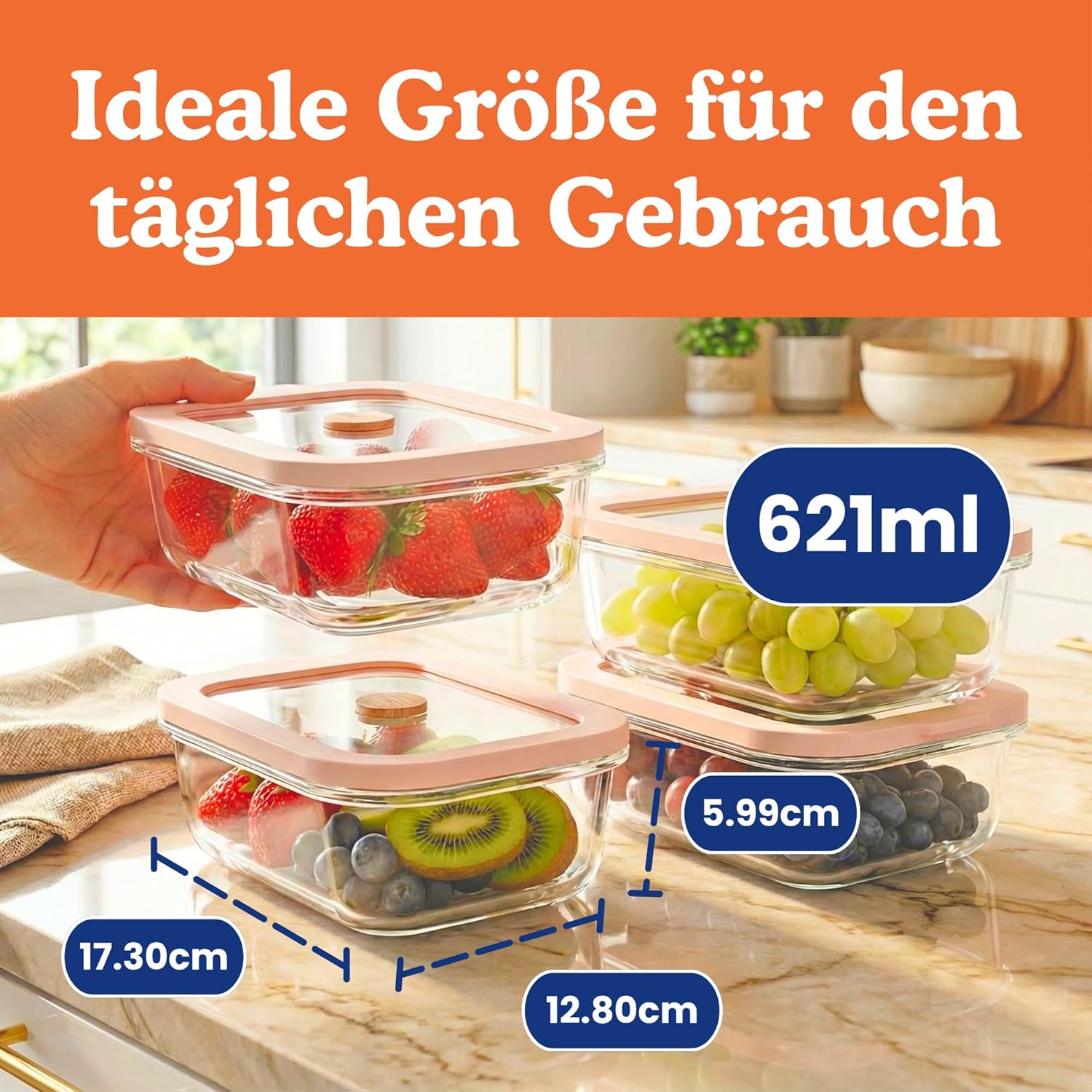 Ziruma Non-Toxic Glass Food Storage Containers - Airtight 2.6 Cup Soup Containers, 4 Pack, Microwave & Freezer Safe