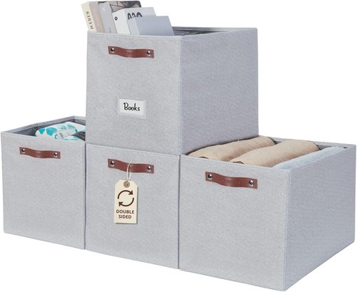 DECOMOMO Storage Baskets - 13x15x13 Cube Bins with Labels for Organized Shelves | Light Texture Grey (4pcs)