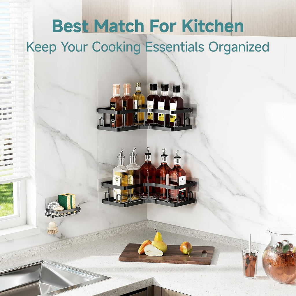 Veken Corner Shower Caddy 3-Pack - Adhesive, Rustproof & Waterproof Bathroom Organizers | Black