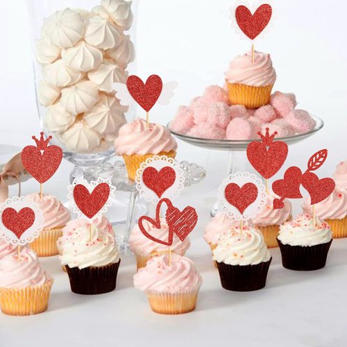 Ercadio Red Heart Cupcake Toppers - Glittery Valentine's Day Picks for Bridal Showers & Engagements | 24 Pack