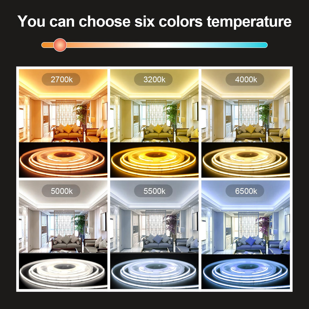 GUPUP 16.4 ft COB Rope Light,Dimmable White Strip Light,24V,3040 LEDs Flexiable 2700K-6500K Vanity Make-up Lighting, CRI≥90, for Gaming Room,Mirror,Cabinet,Counter,Kitchen,TV