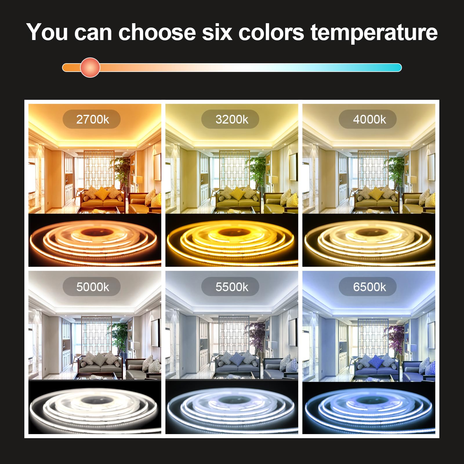 GUPUP 16.4 ft COB Rope Light,Dimmable White Strip Light,24V,3040 LEDs Flexiable 2700K-6500K Vanity Make-up Lighting, CRI≥90, for Gaming Room,Mirror,Cabinet,Counter,Kitchen,TV