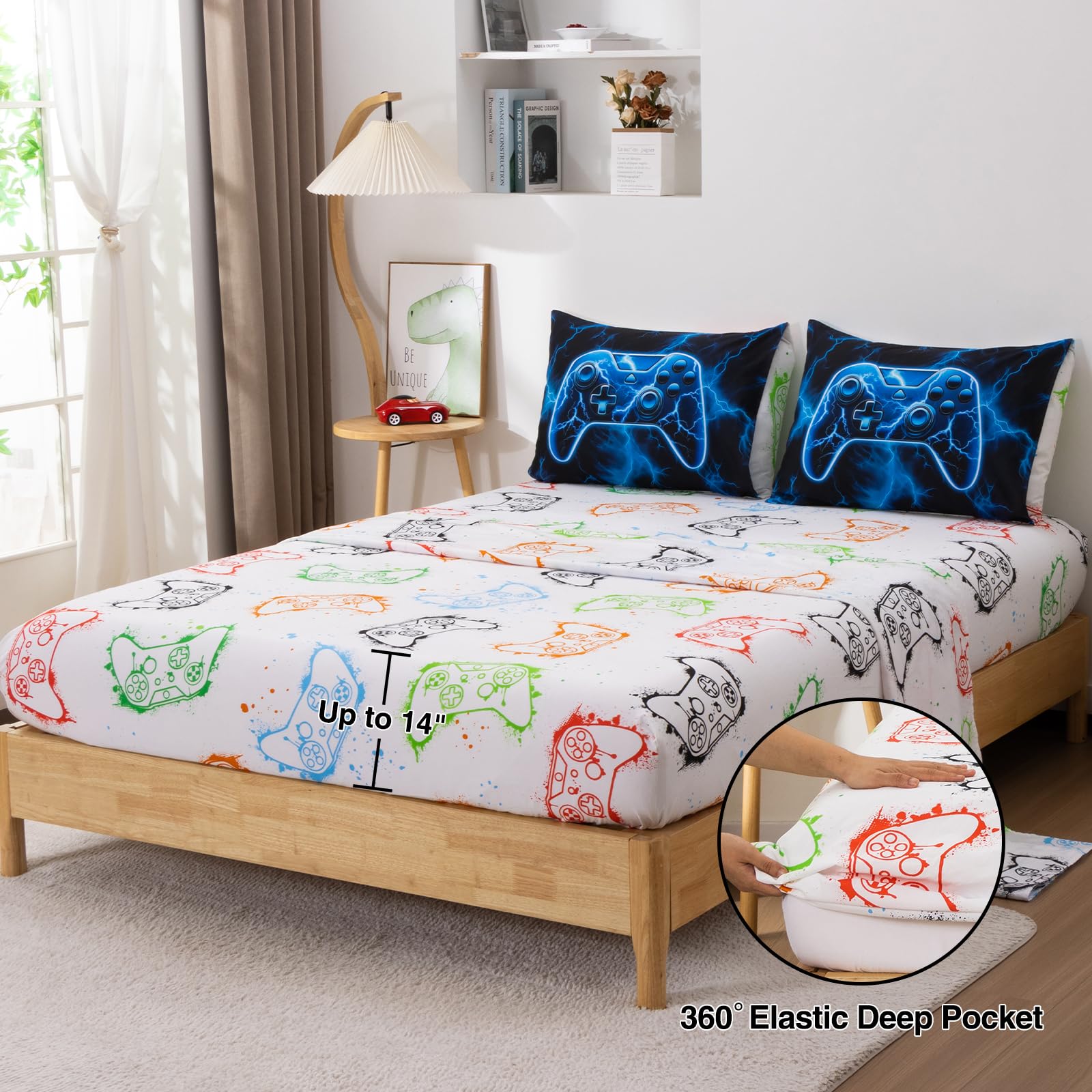 Meeting Story Gamer Comforter Set for Boys, 3D Game Controller Design Boys Twin Bedding Sets, 5 Pieces Gaming Bed Set for All Seasons, Lightweight Soft Twin Comforter Set(Blue)