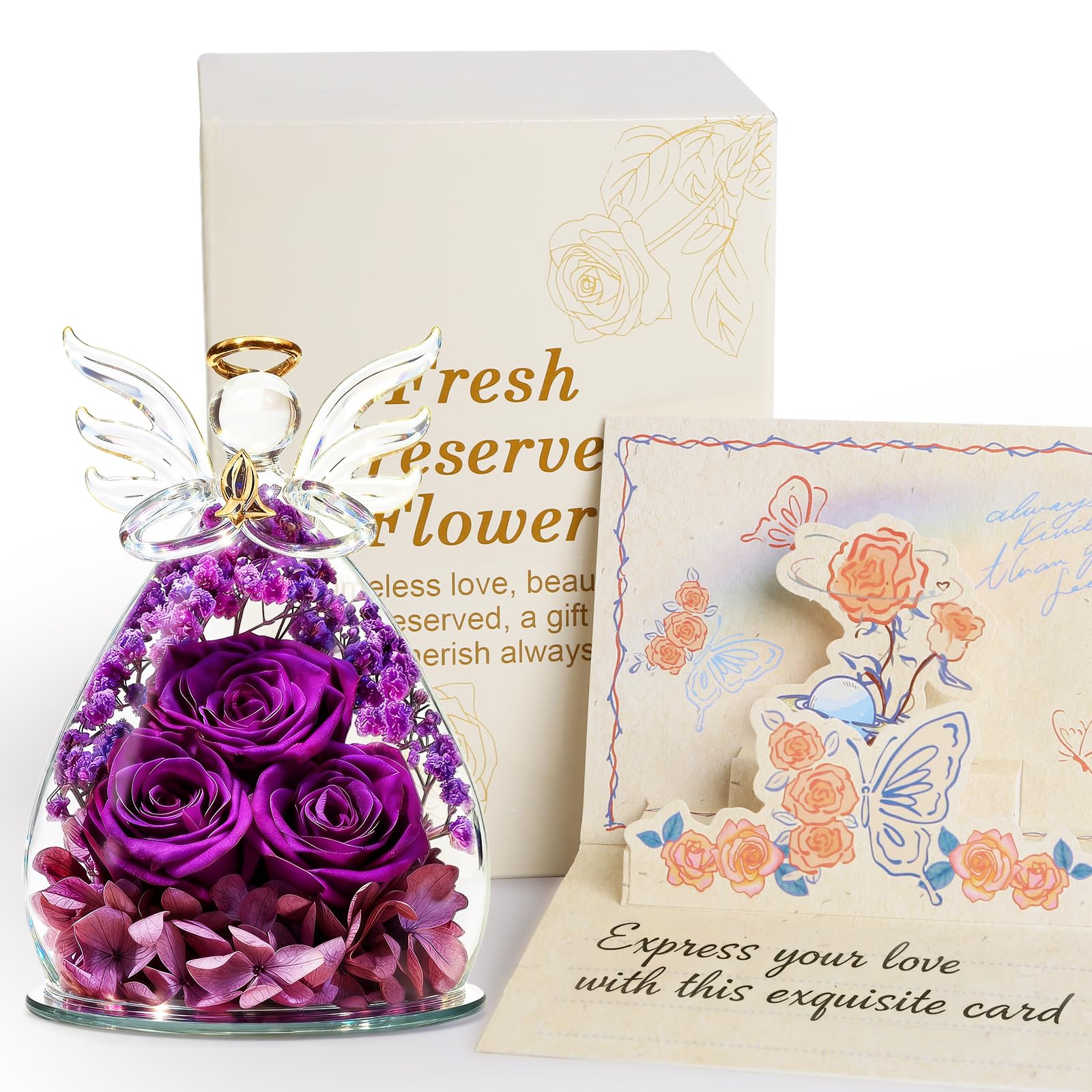 homeasy Mothers Day Roses Gifts for Women Birthday, Preserved Flowers Rose in Glass Angel Figurines, Forever Fresh Flowers for Delivery Gift Box for Wife Mom Her Grandma from Daughter
